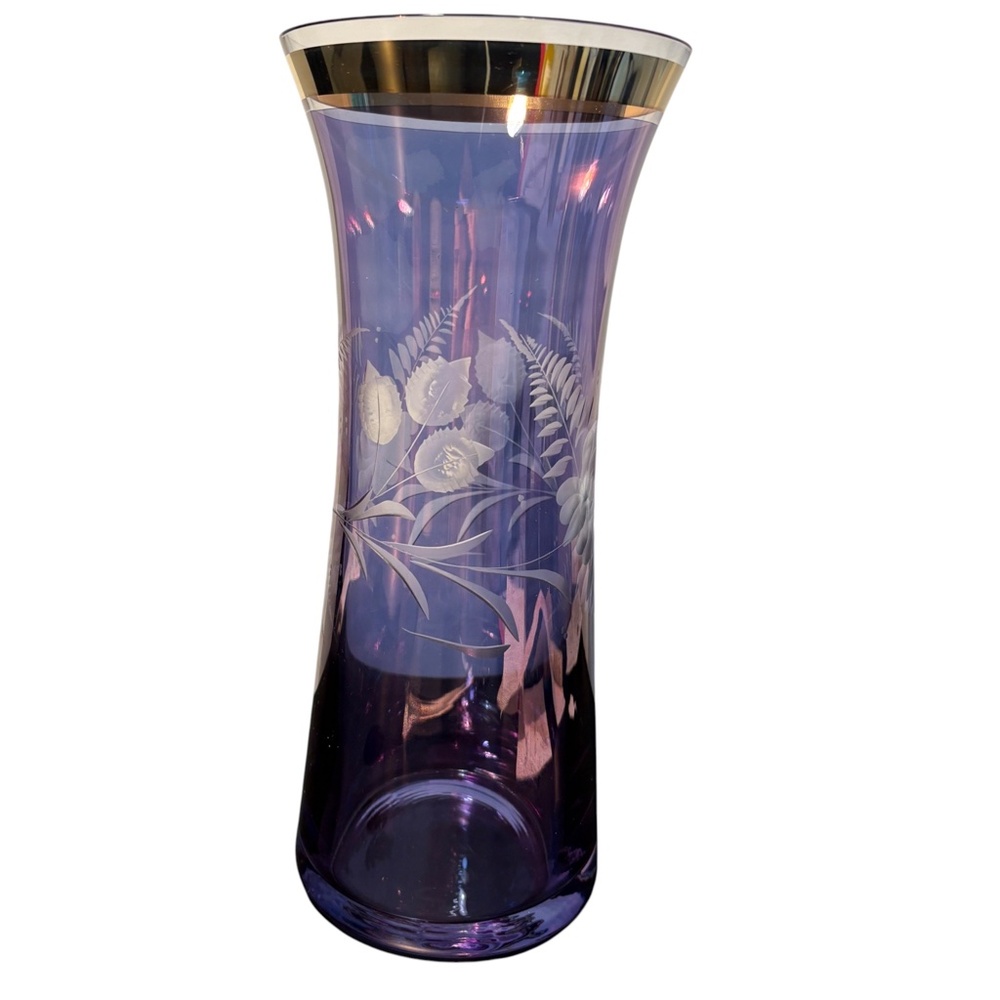 Czech Etched Rose Glass Vase